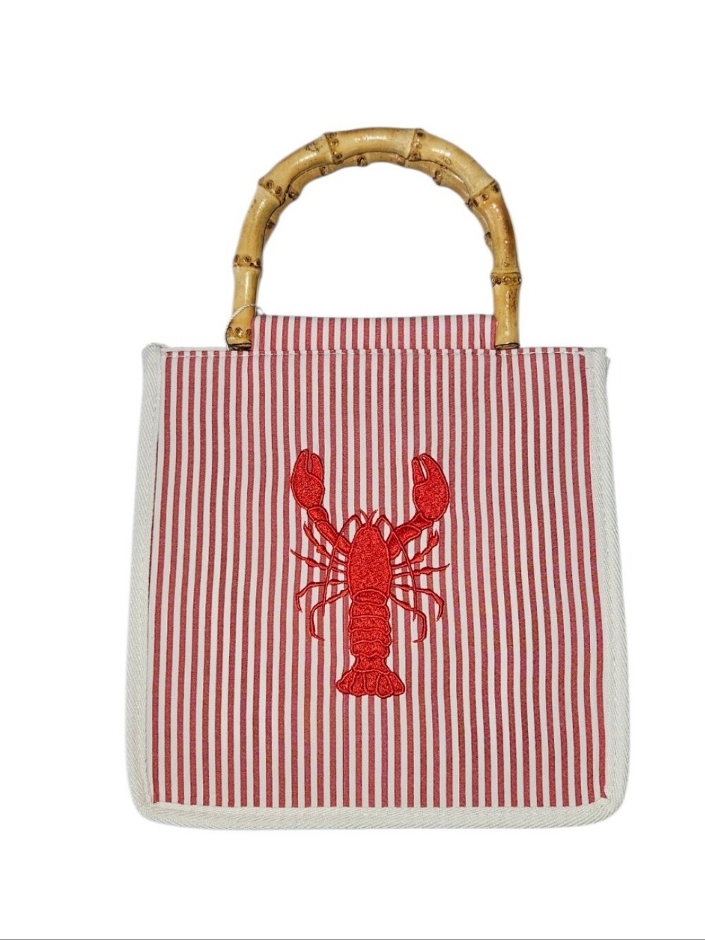 Tommy Bahama Lobster Embroidered Tote Bag NWT Bamboo Handles Coastal Resort - Picture 4 of 16